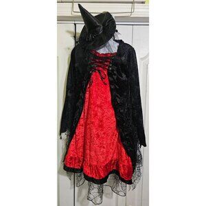 Red Black Spider Witch Costume Girls Halloween Velvet Dress Mini Hat Spiderweb